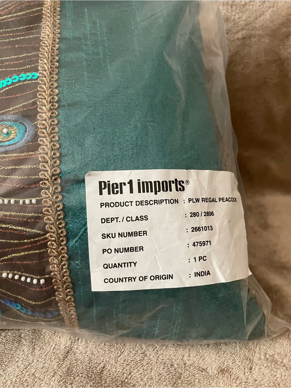 Pier 1 Teal and Brown Peacock Embroidered Accent Pillow